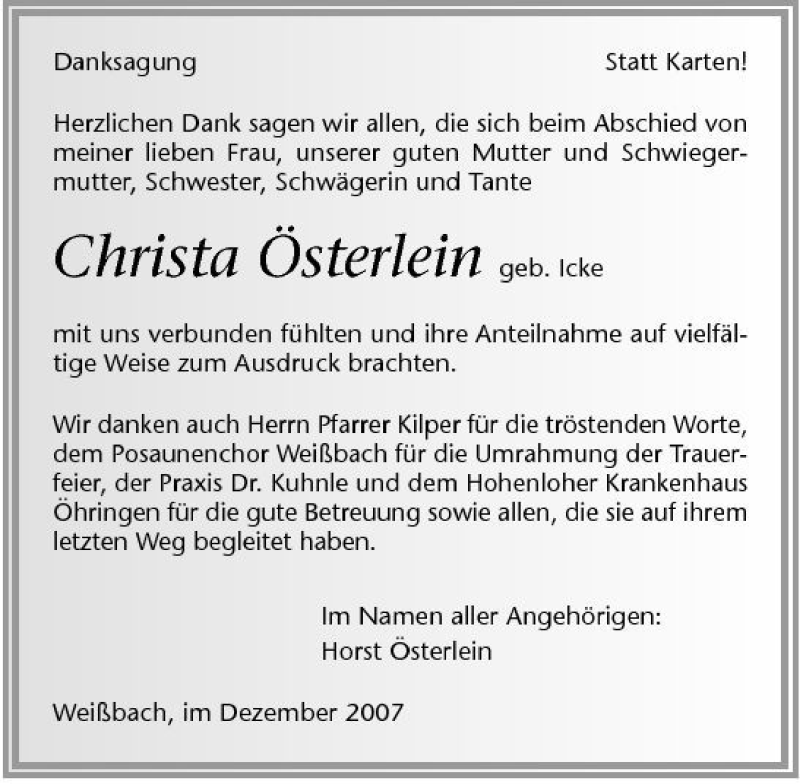  Traueranzeige für Christa Österlein vom 21.12.2007 aus 