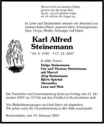 Traueranzeige von Karl Steinemann 