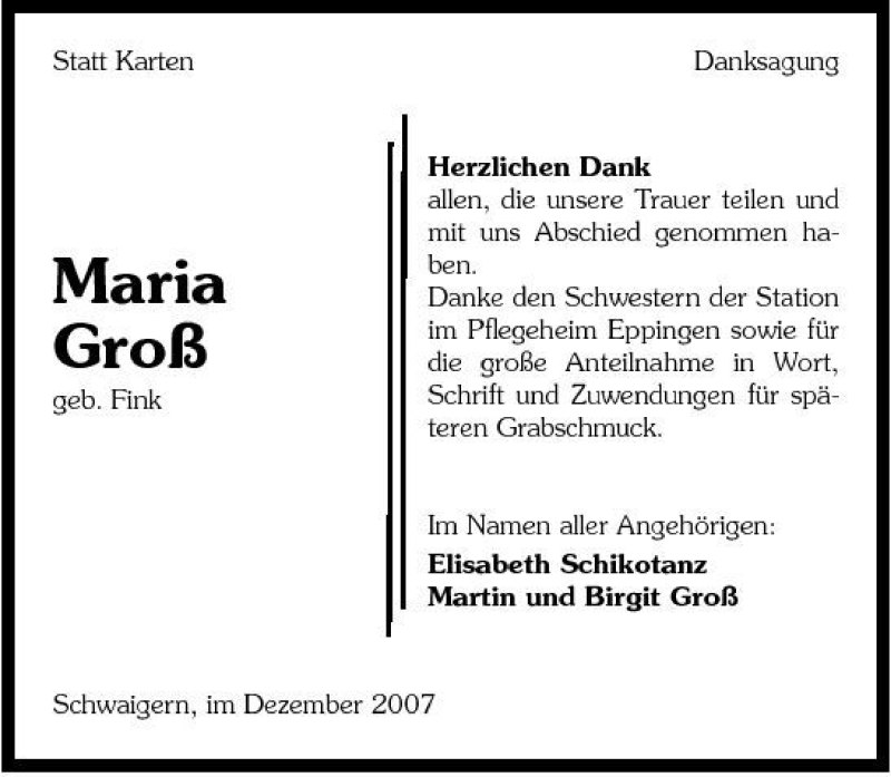  Traueranzeige für Maria Groß vom 19.12.2007 aus 
