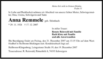 Traueranzeige von Anna Remmele 
