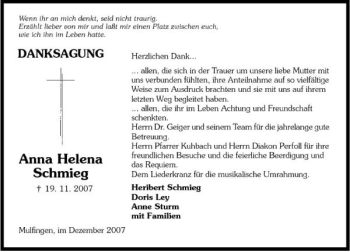 Traueranzeige von Anna Helena Schmieg 