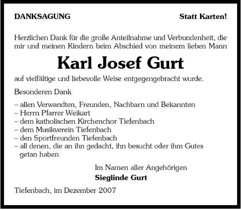  Traueranzeige für Karl Josef Gurt vom 22.12.2007 aus 