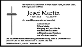 Traueranzeige von Josef Martin 