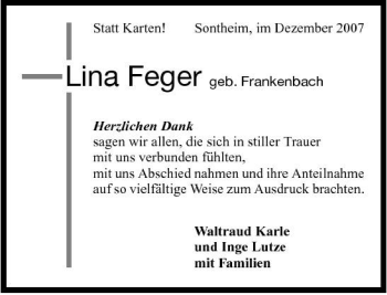 Traueranzeige von Lina Feger 