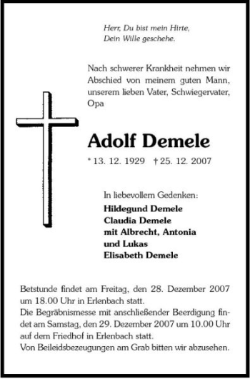 Traueranzeige von Adolf Demele 