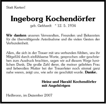Traueranzeige von Ingeborg Kochendörfer 