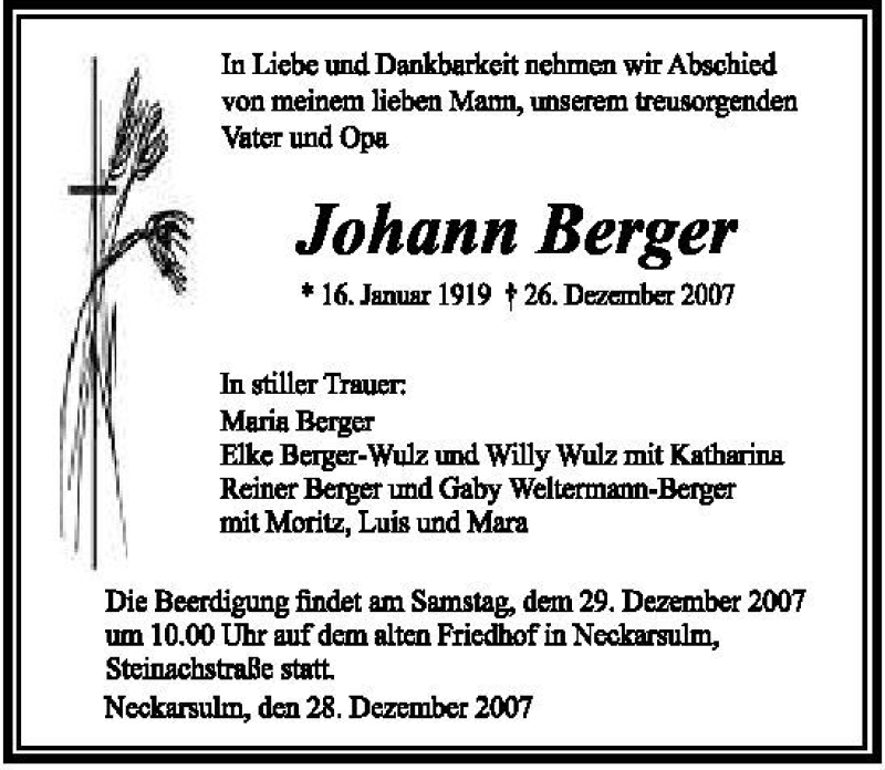  Traueranzeige für Johann Berger vom 28.12.2007 aus 