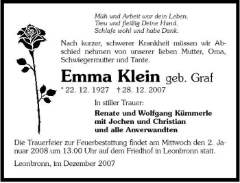 Traueranzeige von Emma Klein 