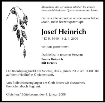 Traueranzeige von Josef Heinrich 