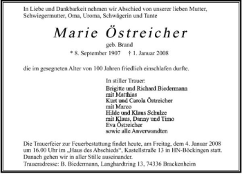 Traueranzeige von Marie Östreicher 