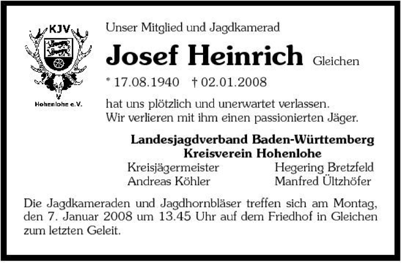  Traueranzeige für Josef heinrich vom 05.01.2008 aus 