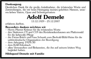 Traueranzeige von Adolf Demele 