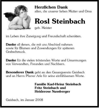 Traueranzeige von Rosl Steinbach 