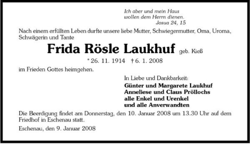  Traueranzeige für Frida Laukhuf vom 09.01.2008 aus 