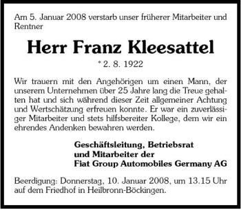 Traueranzeige von Franz 24250 Kleesattel 