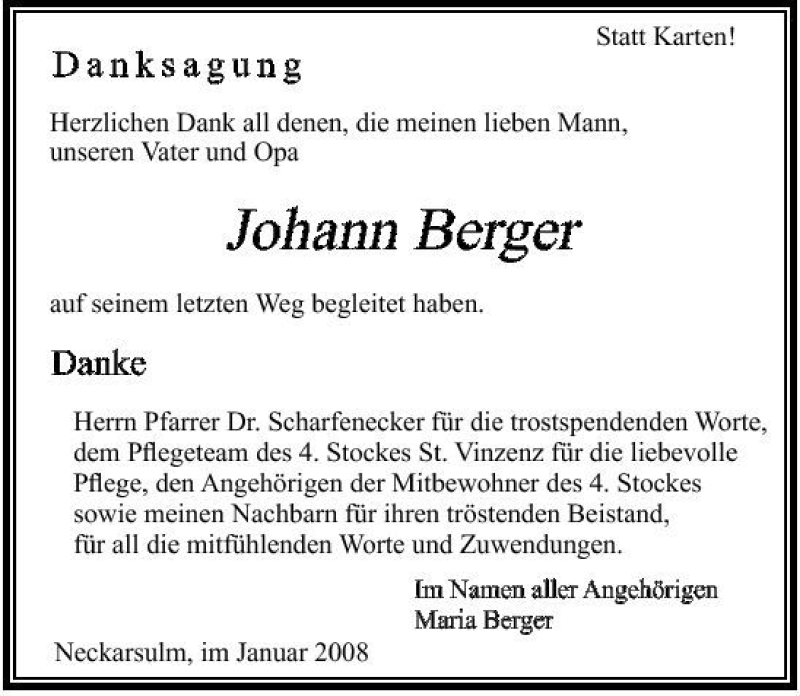  Traueranzeige für Johann Berger vom 10.01.2008 aus 