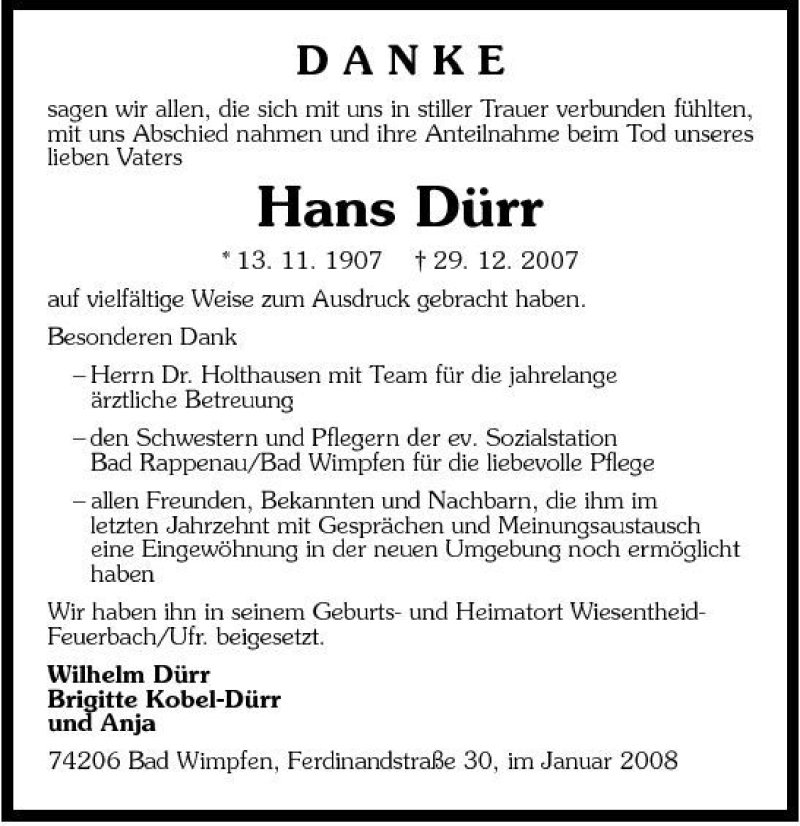  Traueranzeige für Hans Dürr vom 17.01.2008 aus 