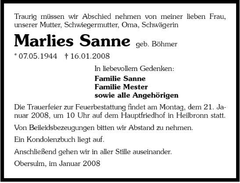  Traueranzeige für Marlies Sanne vom 18.01.2008 aus 