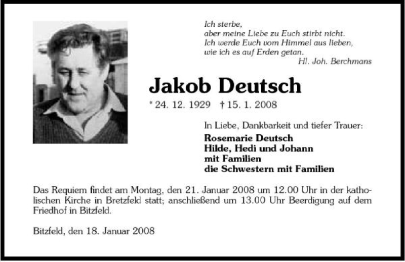 Traueranzeige für Jakob Deutsch vom 18.01.2008 aus 