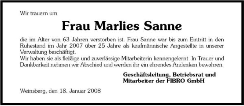  Traueranzeige für Marlies Sanne vom 19.01.2008 aus 