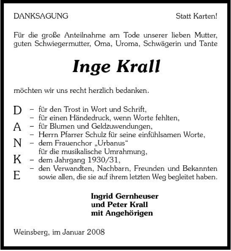  Traueranzeige für Hans-Peter Krall vom 26.01.2008 aus 