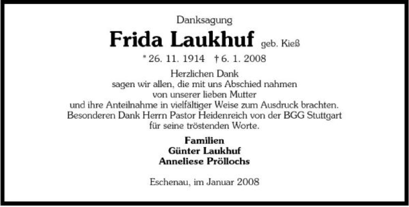  Traueranzeige für Frida Laukhuf vom 23.01.2008 aus 