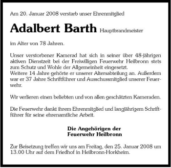 Traueranzeige von Adalbert Barth 