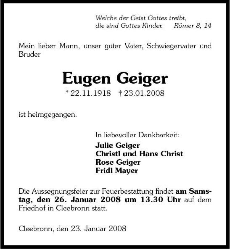  Traueranzeige für Eugen Geiger vom 25.01.2008 aus 