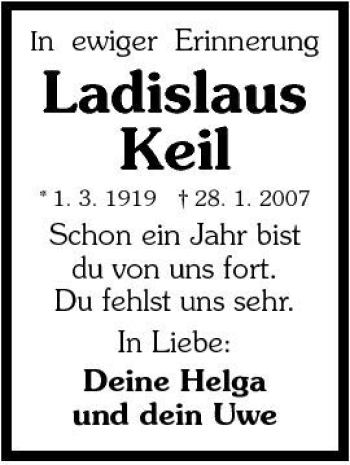 Traueranzeige von Ladislaus Keil 