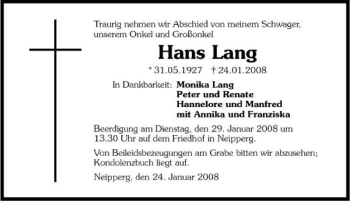 Traueranzeige von Hans Lang 