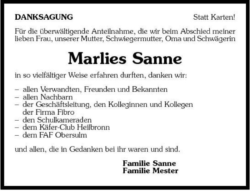  Traueranzeige für Marlies Sanne vom 02.02.2008 aus 
