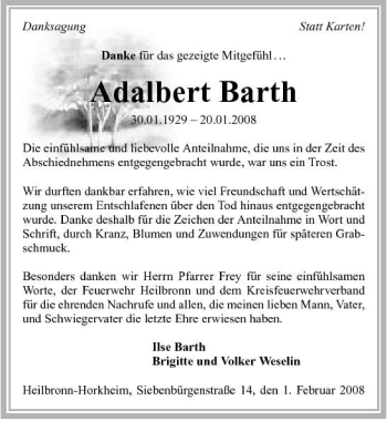 Traueranzeige von Adalbert Barth 
