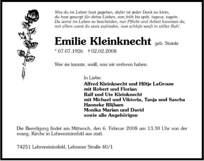  Traueranzeige für Emilie Kleinknecht vom 04.02.2008 aus 