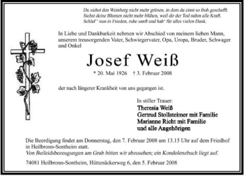 Traueranzeige von Josef Weiß 
