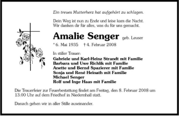 Traueranzeige von Amalie Senger 