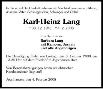 Traueranzeige von Karl-Heinz Lang 