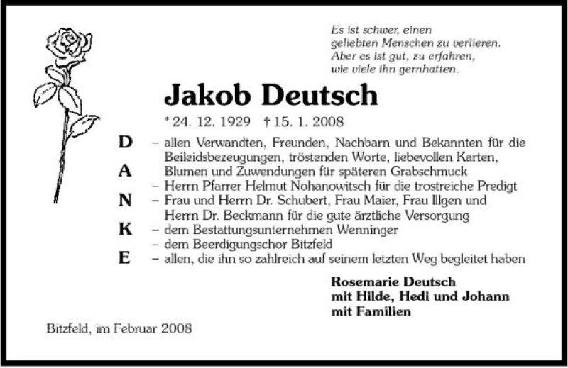  Traueranzeige für Jakob Deutsch vom 07.02.2008 aus 