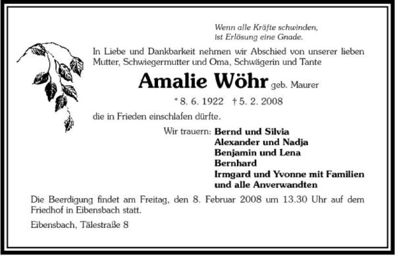  Traueranzeige für Amalie Wöhr vom 07.02.2008 aus 