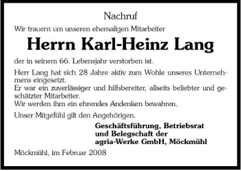 Traueranzeige von Karl-Heinz Lang 