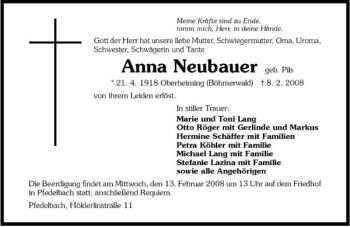 Traueranzeige von Anna Neubauer 