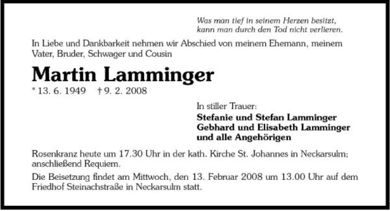  Traueranzeige für Martin Lamminger vom 12.02.2008 aus 