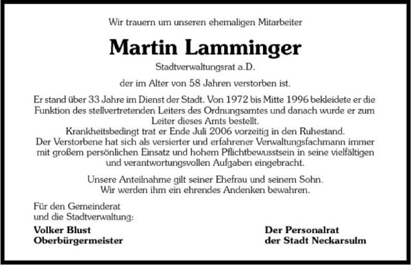  Traueranzeige für Martin Lamminger vom 12.02.2008 aus 