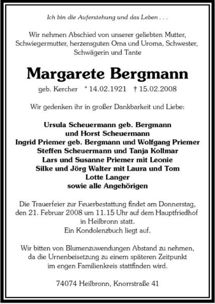  Traueranzeige für Margarete Bergmann vom 18.02.2008 aus 