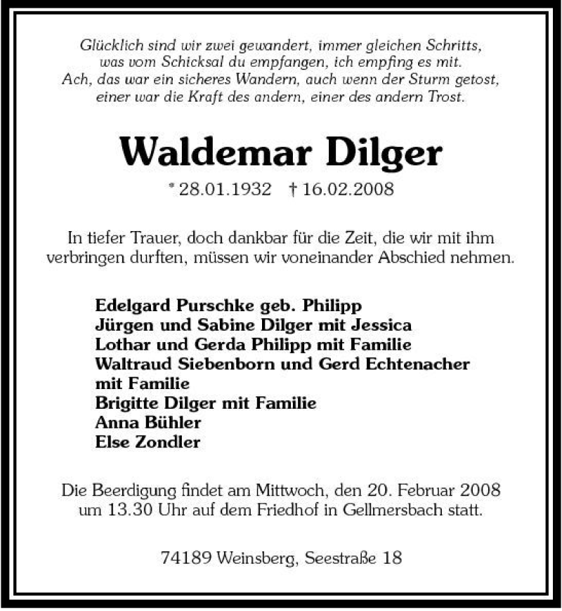  Traueranzeige für Waldemar Dilger vom 18.02.2008 aus 
