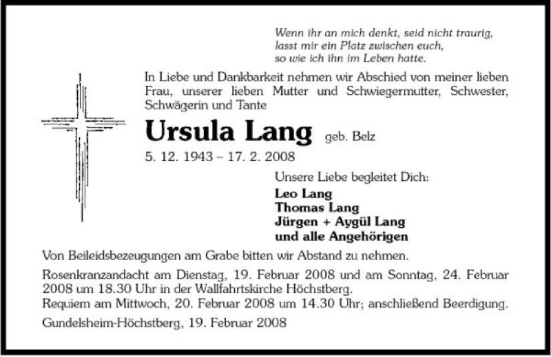  Traueranzeige für Ursula Lang vom 19.02.2008 aus 