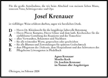Traueranzeige von Josef Krenauer 