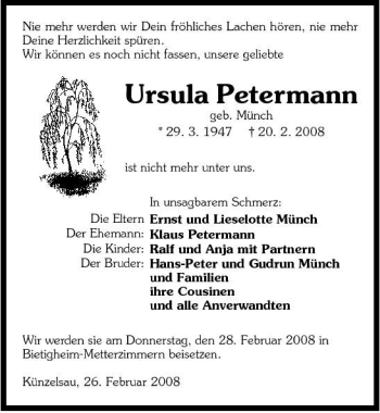 Traueranzeige von Ursula Petermann 