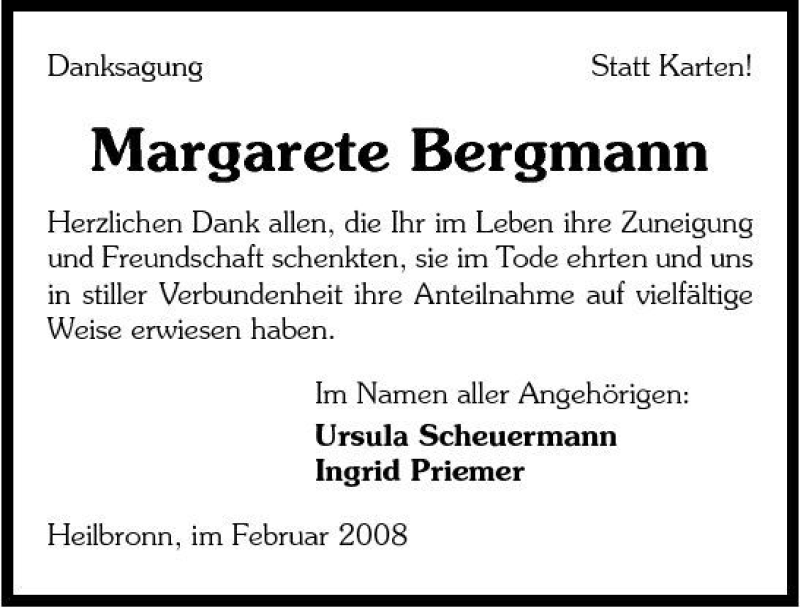  Traueranzeige für Margarete Bergmann vom 01.03.2008 aus 