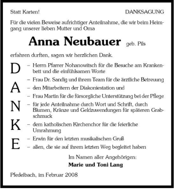 Traueranzeige von Anna Neubauer 
