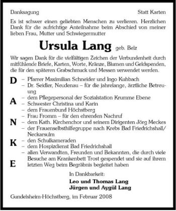 Traueranzeige von Ursula Lang 
